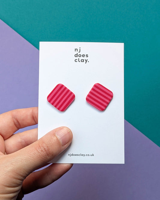 Seconds - Pink & Red Square Stripe Studs